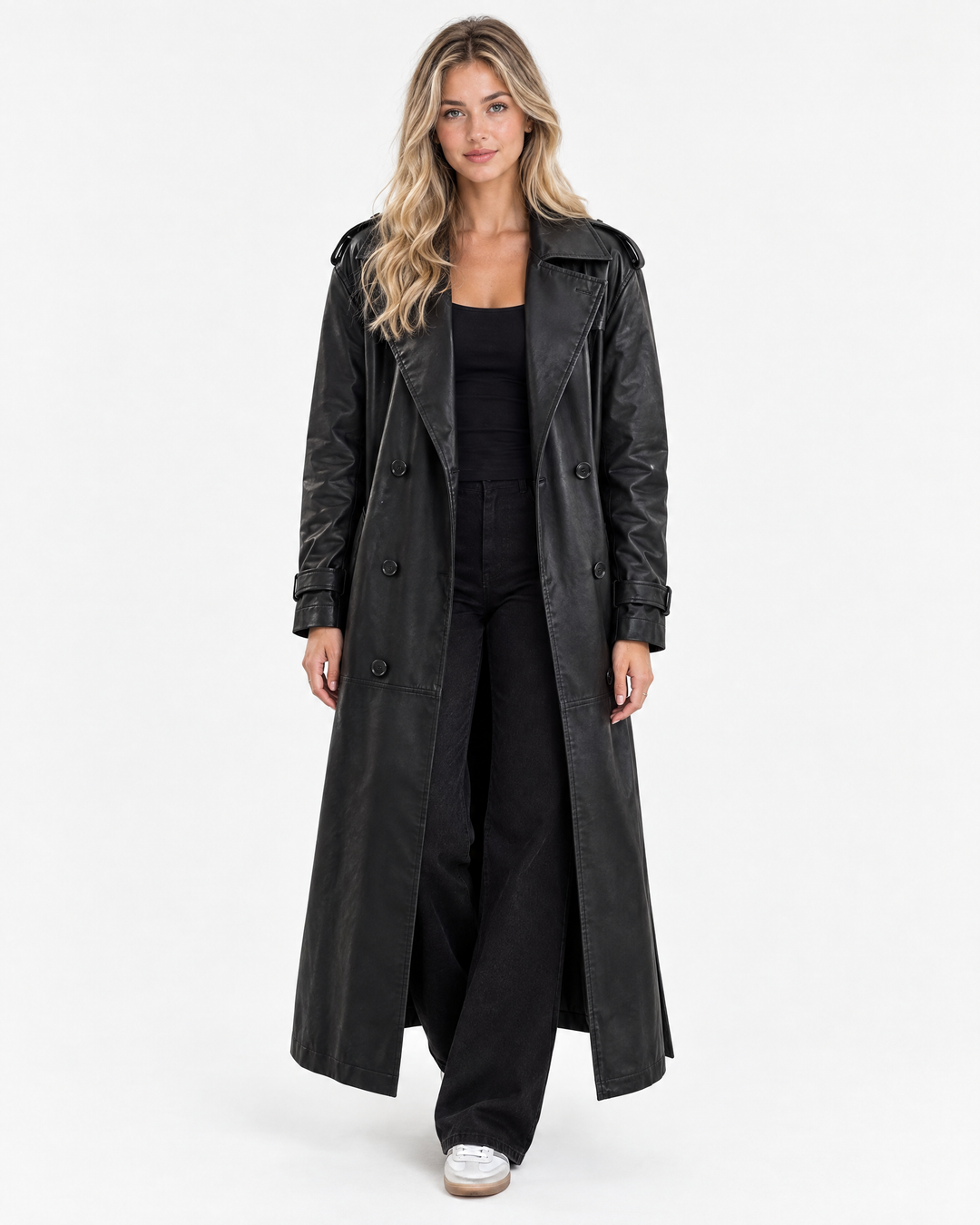 Isla | Sleek Double-Breasted Leather Trench Coat