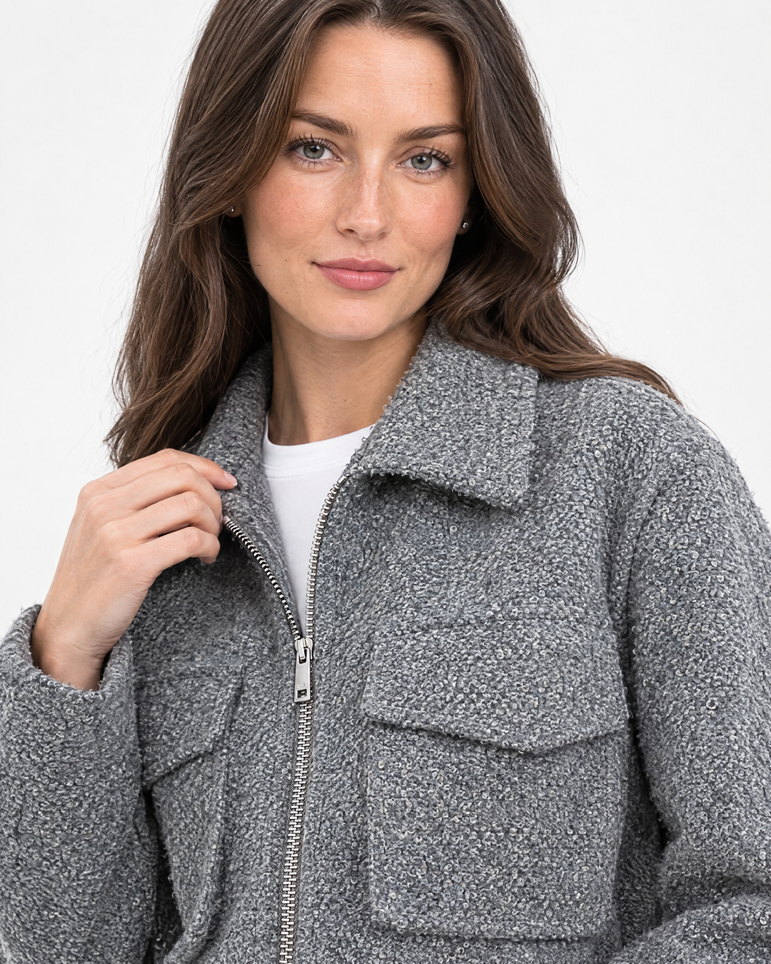 Aurev London Jill cropped boucle jacket in Grey worn by model - texture detail