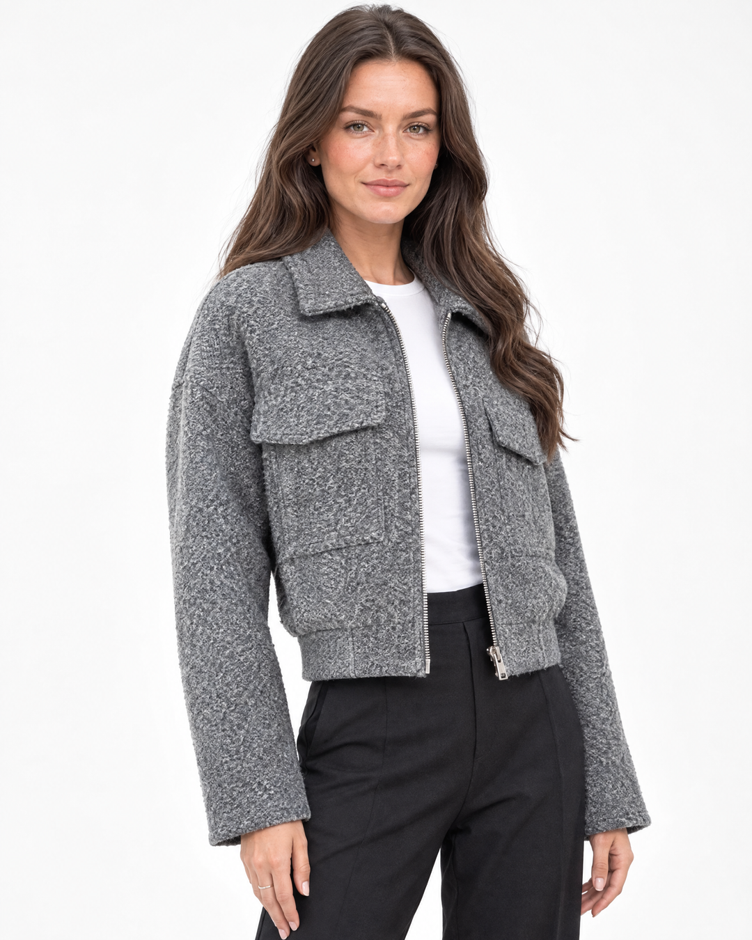 Aurev London Jill cropped boucle jacket in Grey worn by model - angle view