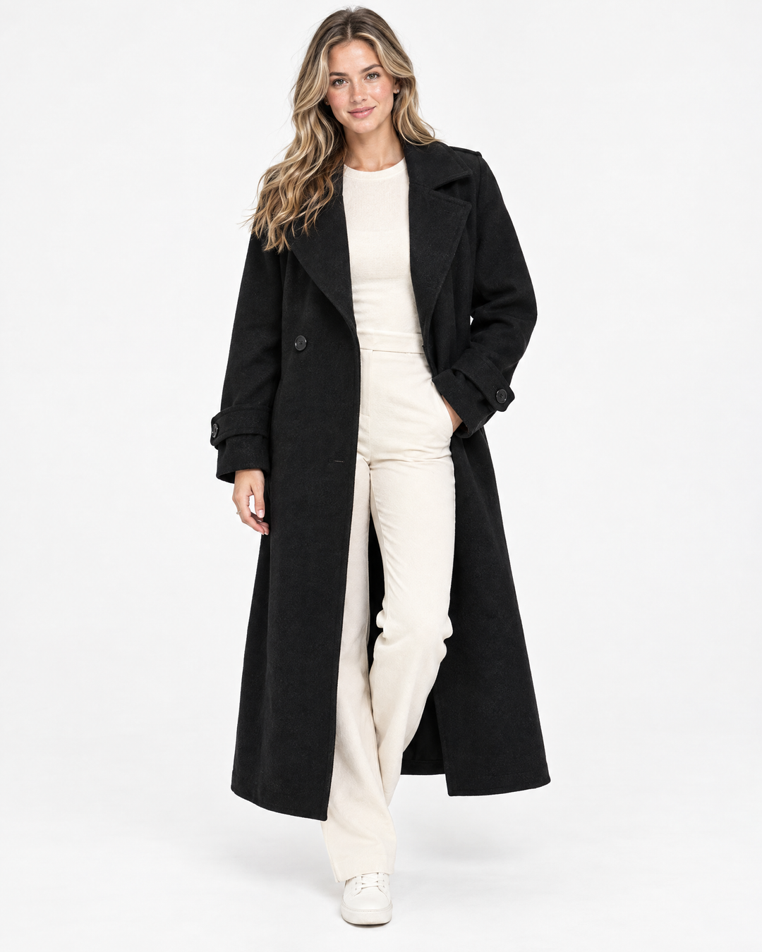 Aurev London Elisea suede trench coat in Black worn by model