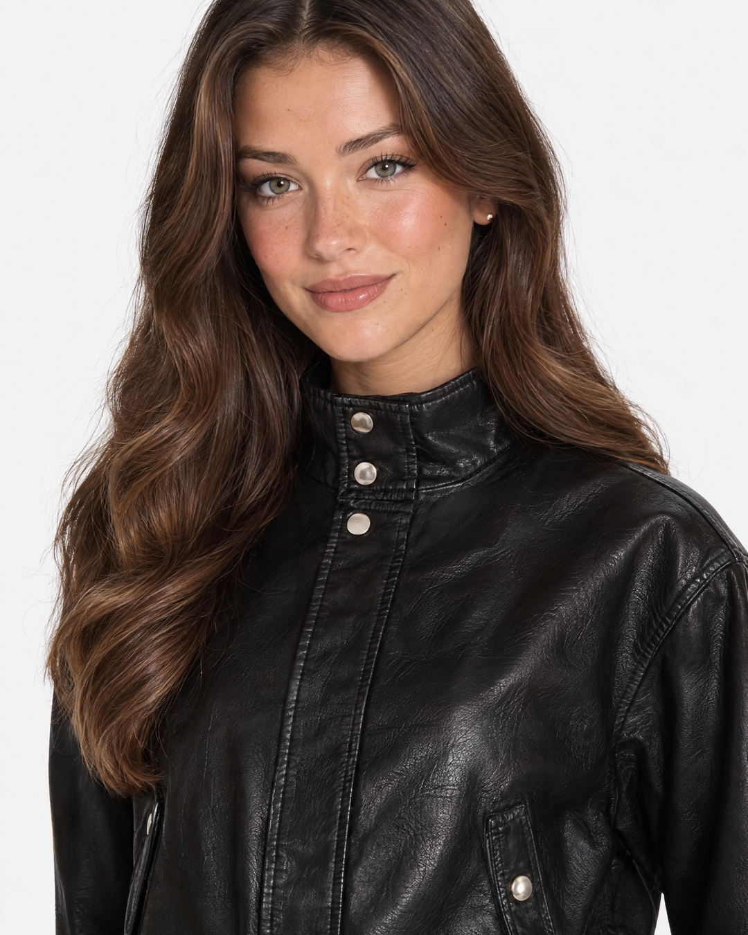 Aurev London Harper leather bomber jacket in Black worn by model - leather texture detail