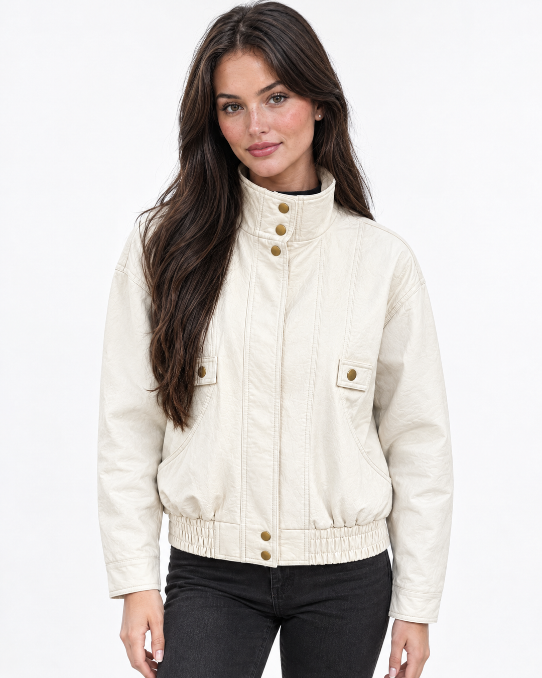 Aurev London Harper leather bomber jacket in White worn by model