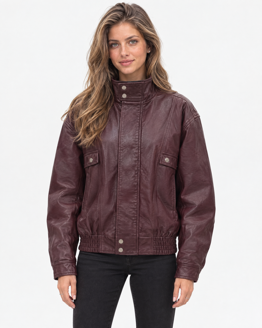 Aurev London Harper leather bomber jacket in Cherry worn by model