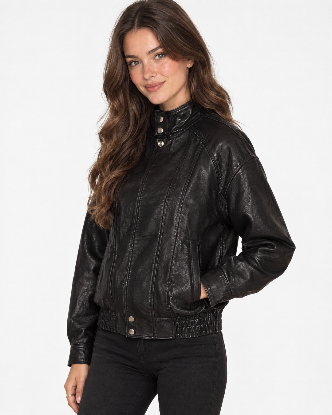 Aurev London Harper leather bomber jacket in Black worn by model - angle view