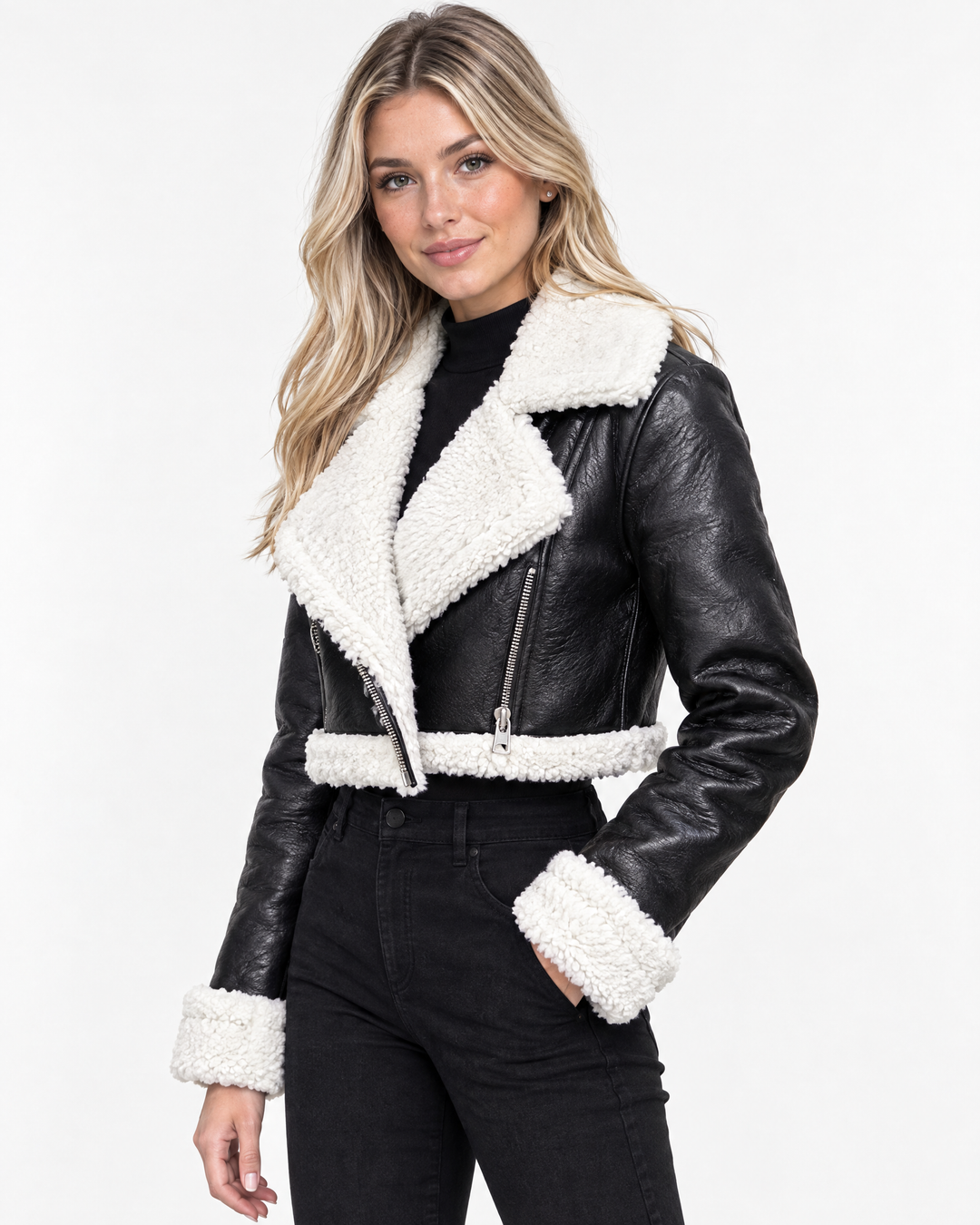 Aurev London Kaye Cropped Shearling Leather Jacket in Black - model angle shot showing silhouette