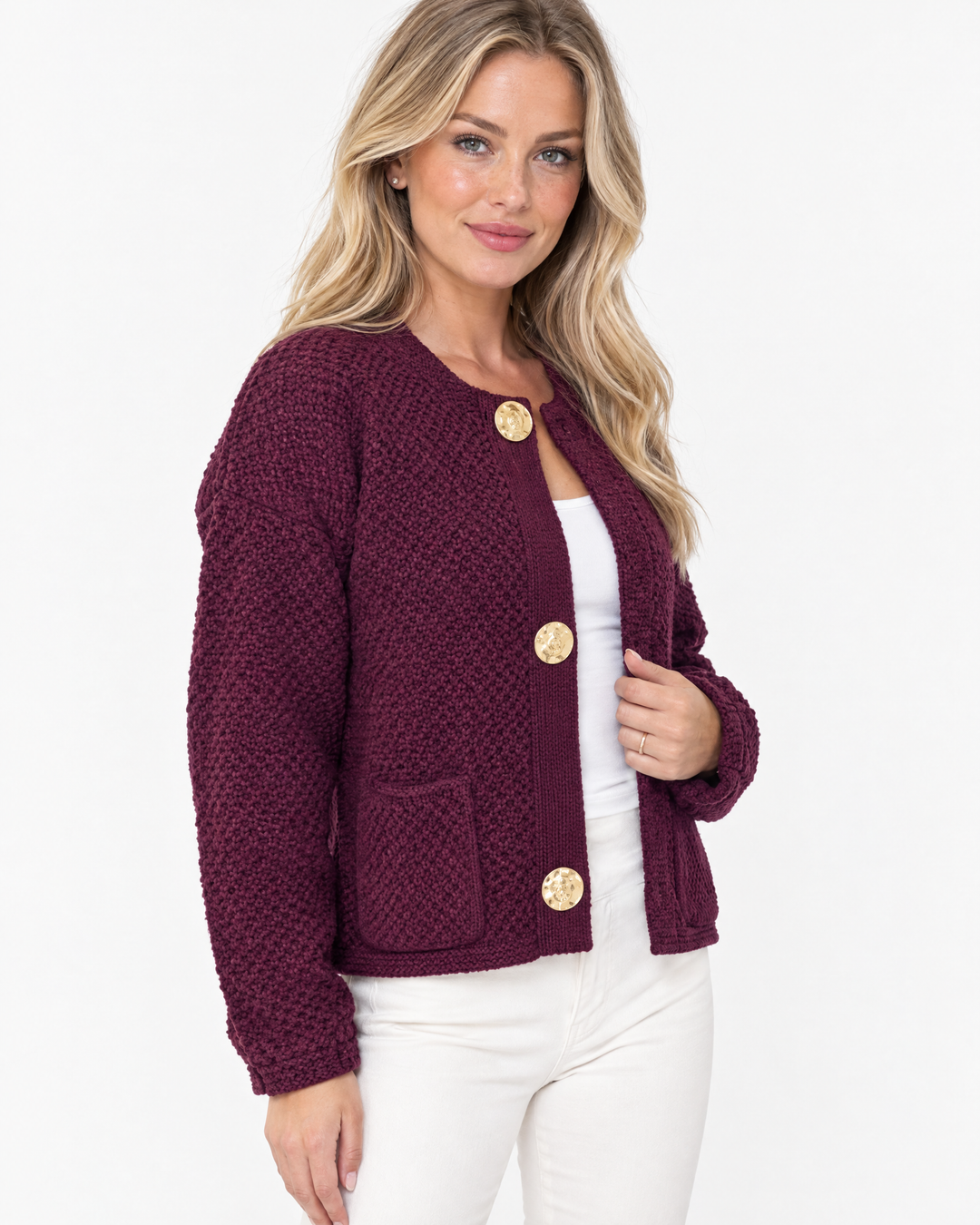 Aurev London Jessa Classic Cable Knit Cardigan in Wine Red - model angle shot showing hem and sleeve length