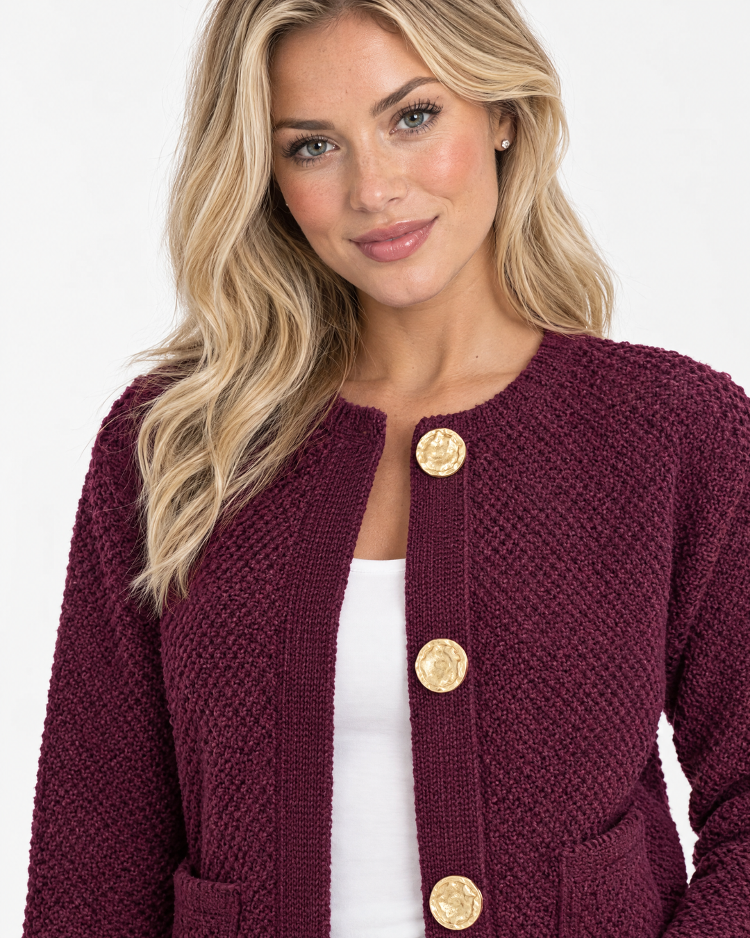 Aurev London Jessa Classic Cable Knit Cardigan in Wine Red - close up feature shot of buttons and cable knit detail