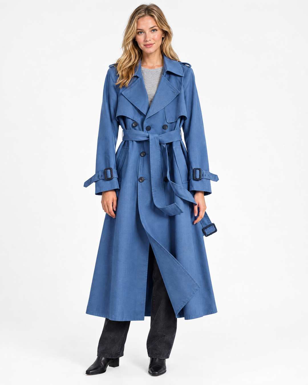 Aurelia Double-Breasted Belted Trench Coat Blue