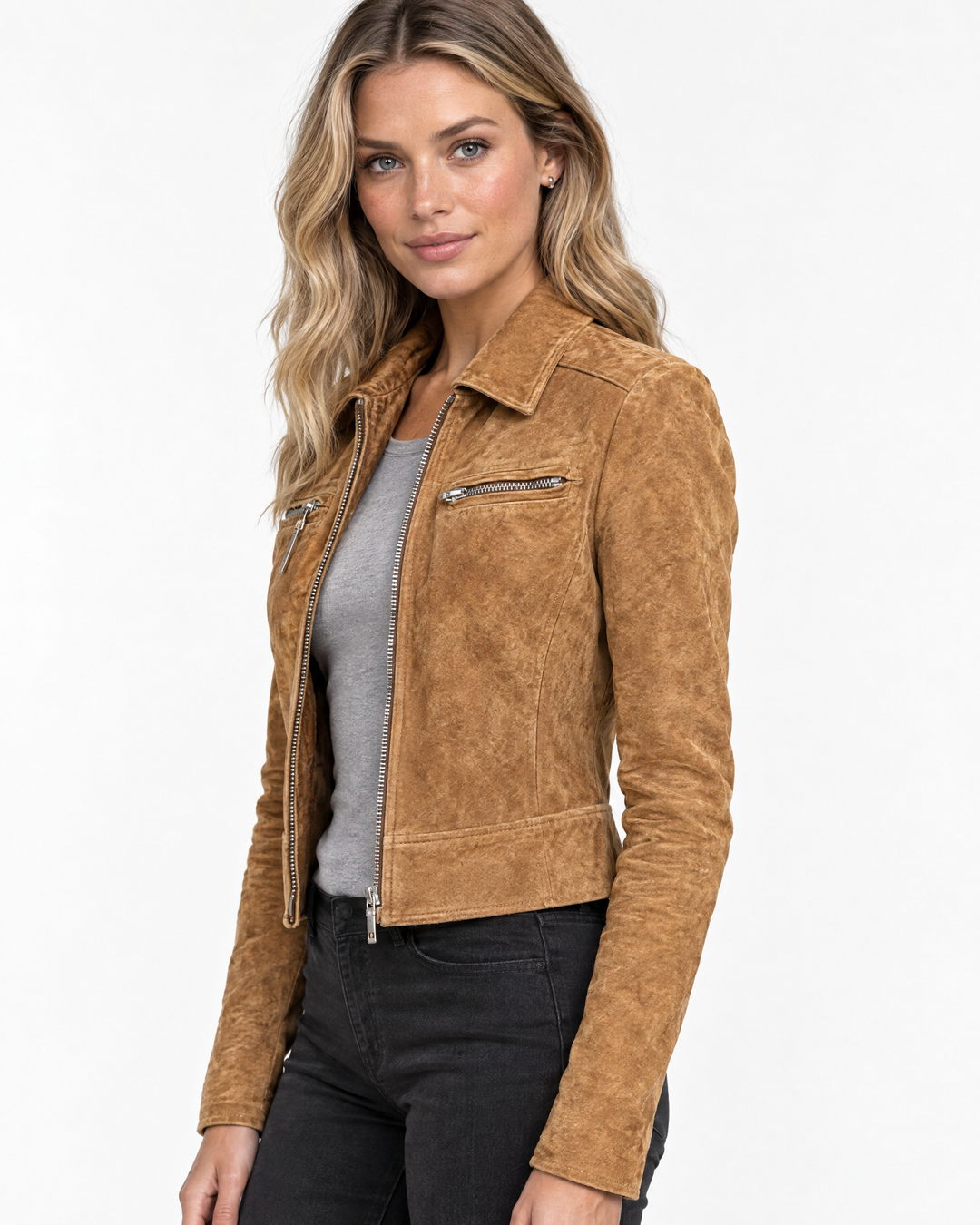 Iris Cropped Suede Jacket Brown - angle