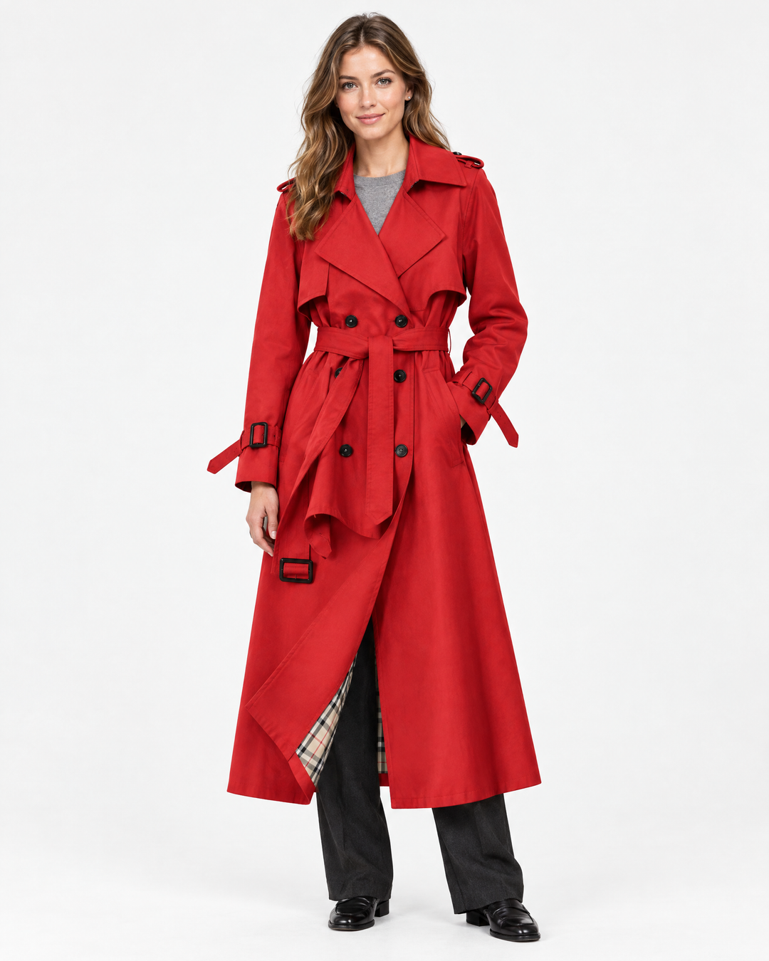 Aurelia Double-Breasted Belted Trench Coat Red