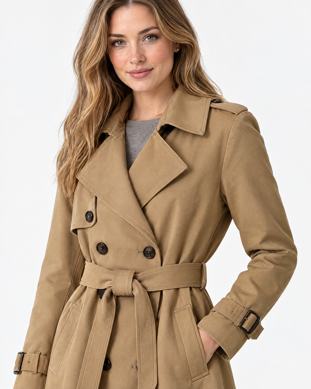 Aurelia Double-Breasted Belted Trench Coat Beige - feature
