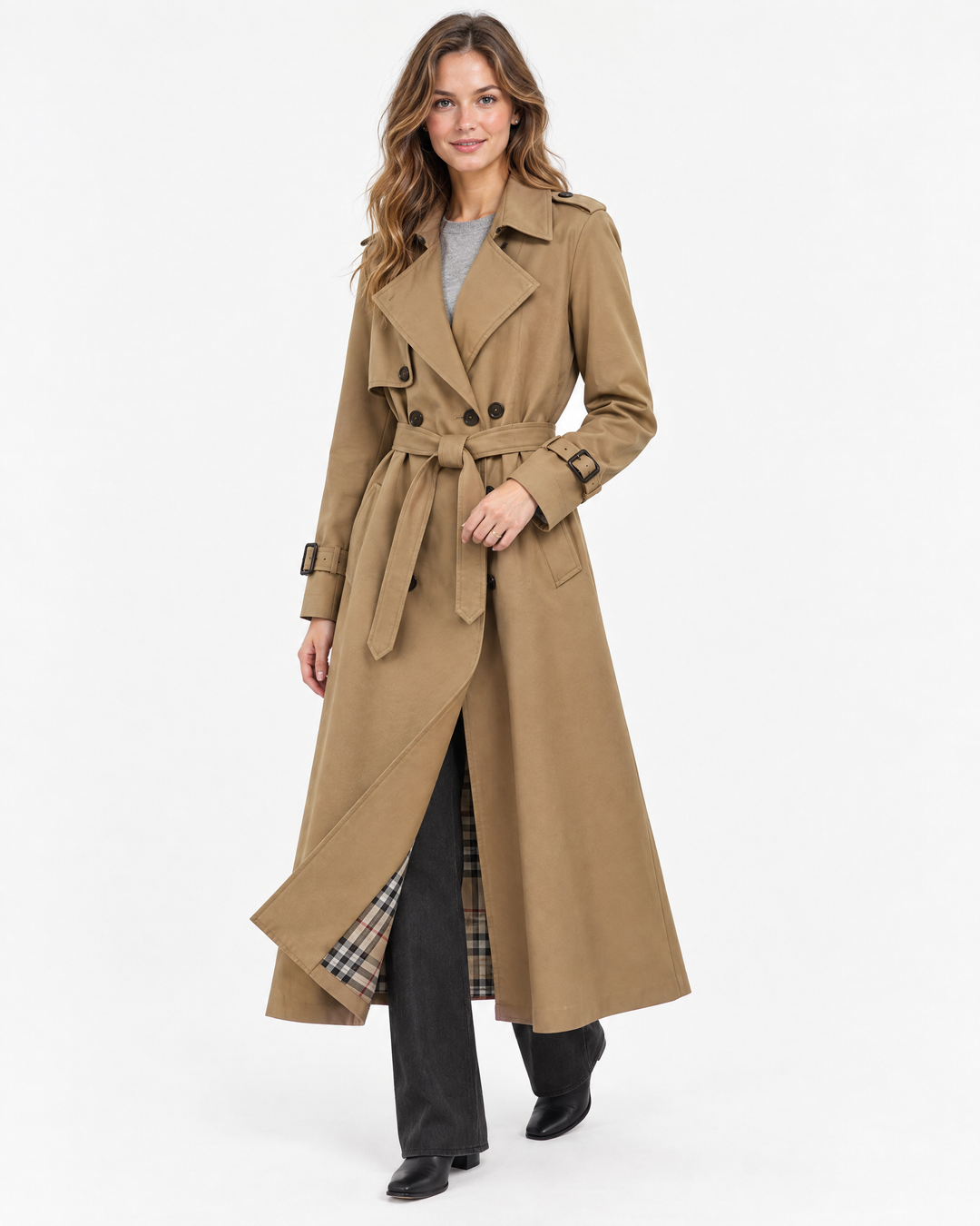 Aurelia Double-Breasted Belted Trench Coat Beige - angle