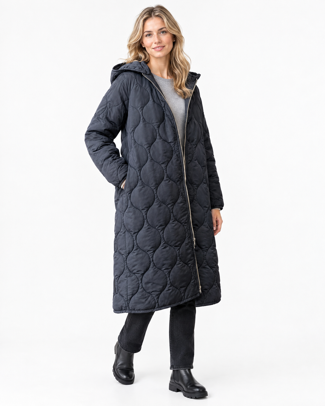 Florence Quilted Hooded Longline Winter Coat Blue - angle