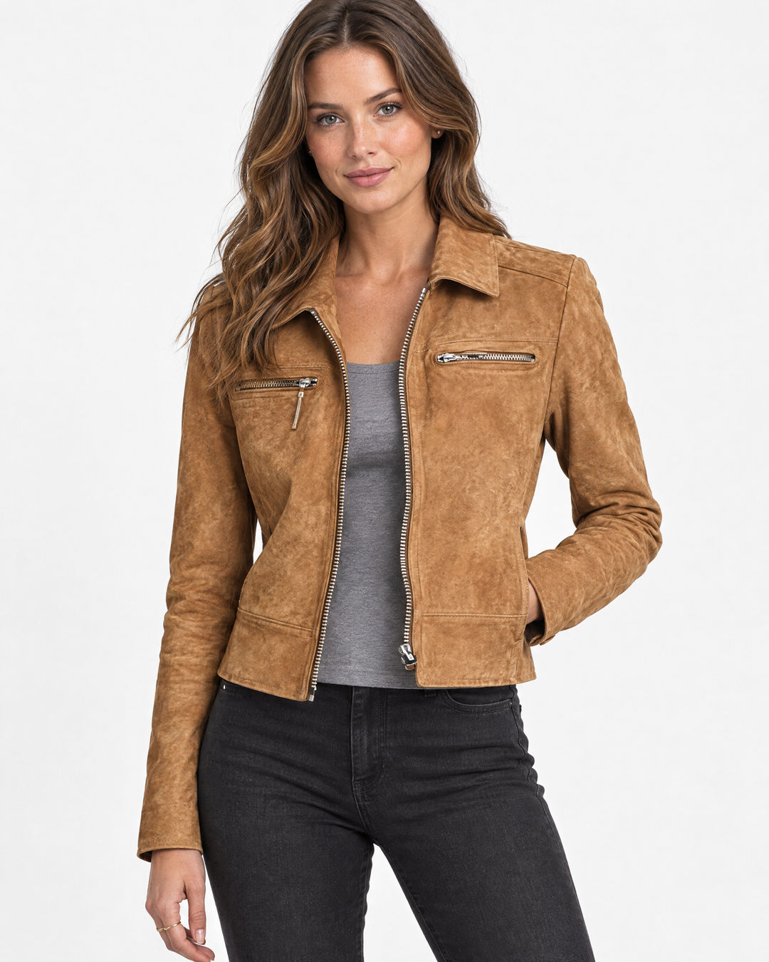 Iris Cropped Suede Jacket Brown - hero