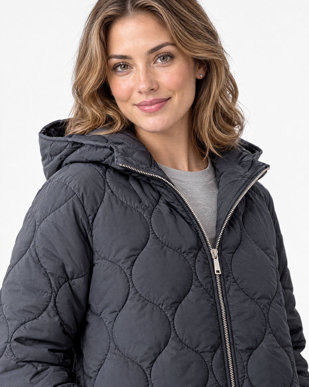 Florence Quilted Hooded Longline Winter Coat Blue - feature