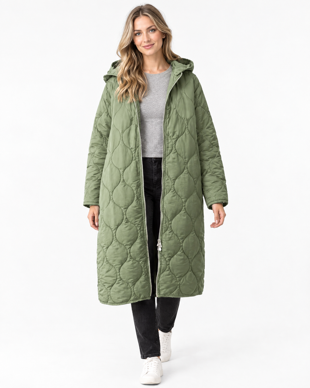 Florence Quilted Hooded Longline Winter Coat Light Green