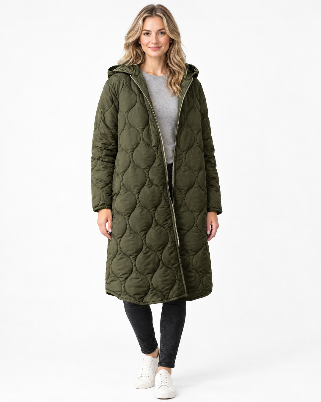 Florence Quilted Hooded Longline Winter Coat Dark Green