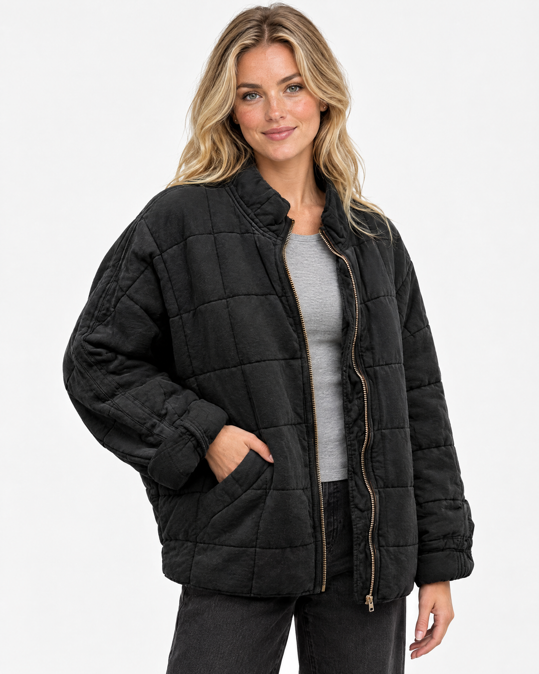 Adeline Oversized Quilted Bomber Jacket Black