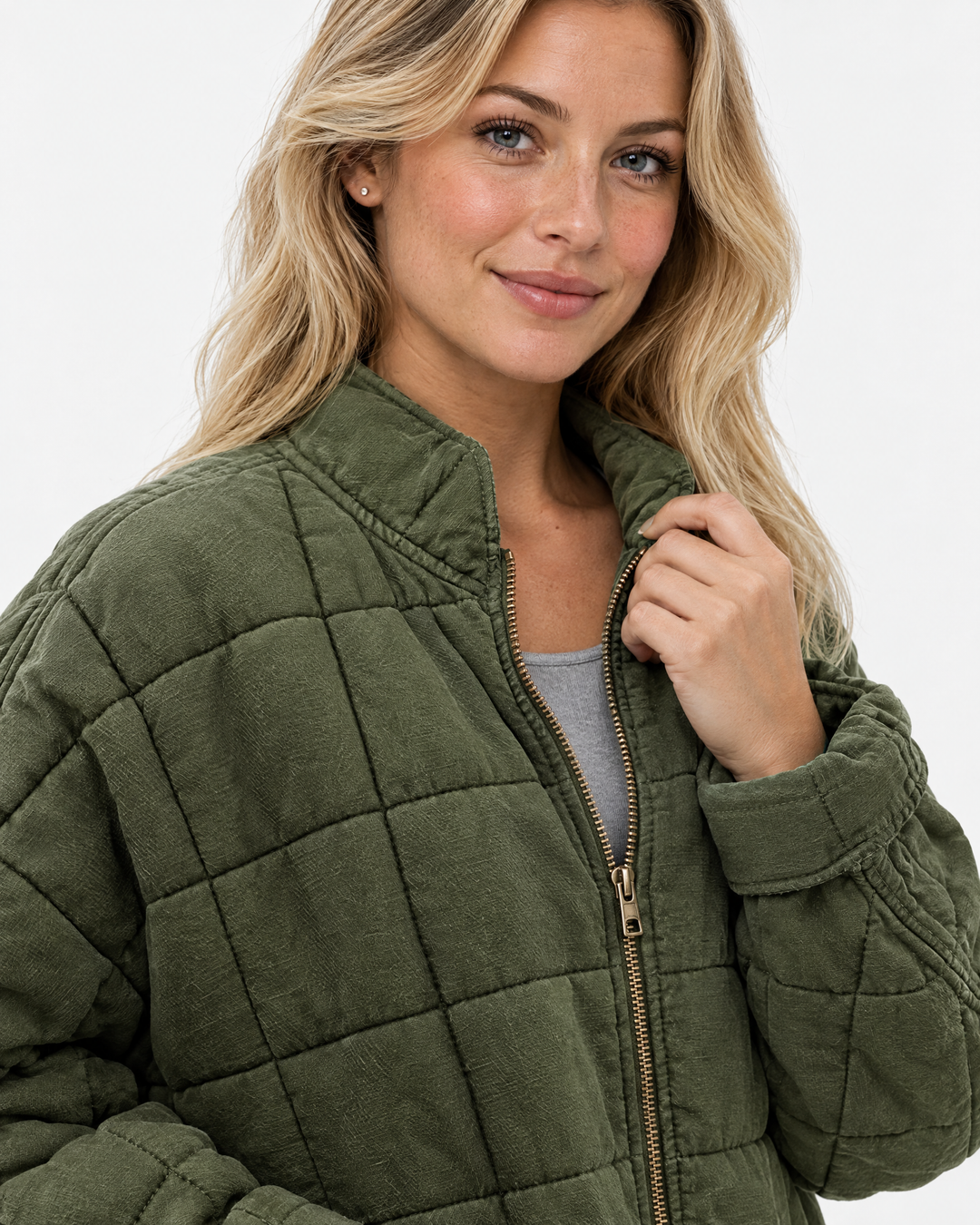 Adeline Oversized Quilted Bomber Jacket Green - feature