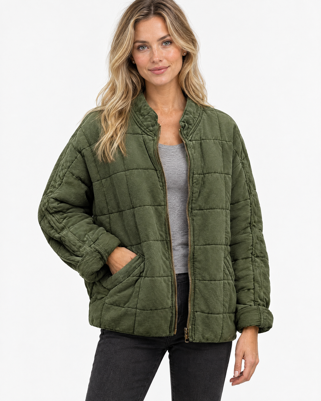 Adeline Oversized Quilted Bomber Jacket Green - hero