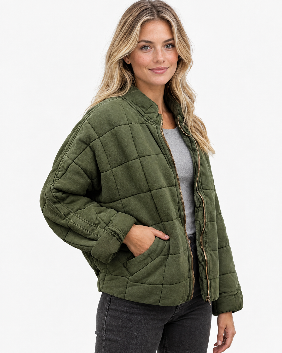 Adeline Oversized Quilted Bomber Jacket Green - angle