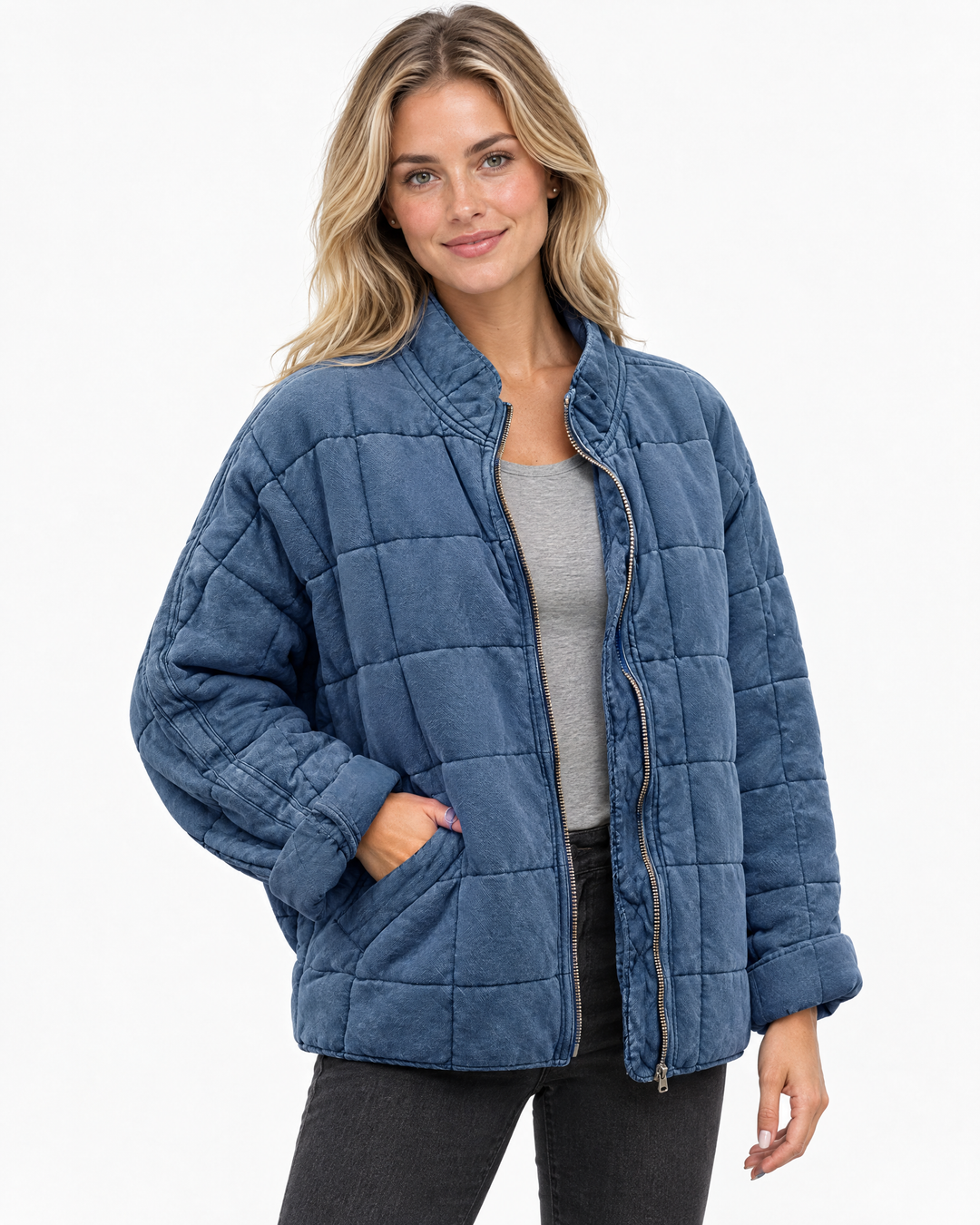Adeline Oversized Quilted Bomber Jacket Blue