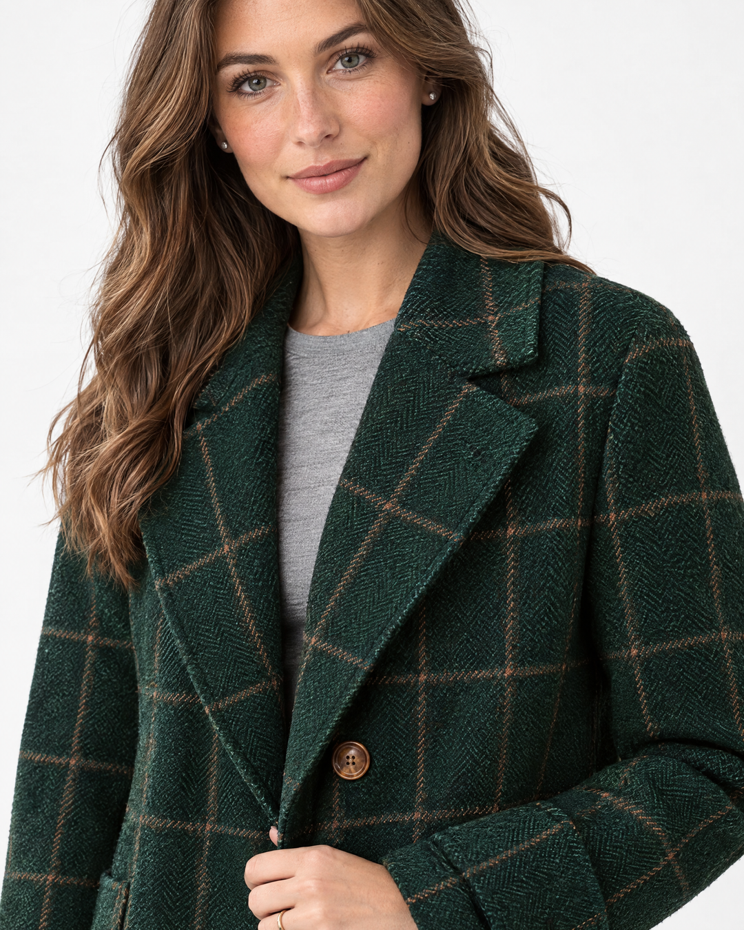 Jennifer Sophisticated Wool Check Coat Dark Green - feature