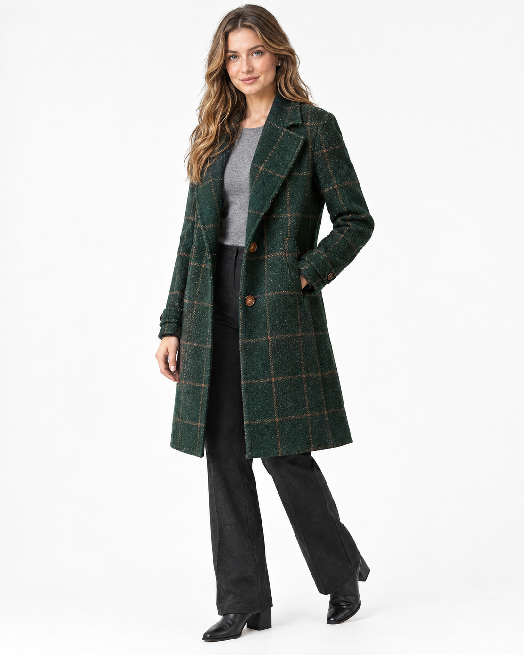 Jennifer Sophisticated Wool Check Coat Dark Green - angle