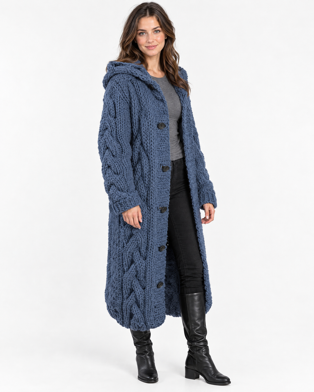 Edith | Classic Womens Jumper Cable Knit Longline – Blue – angle