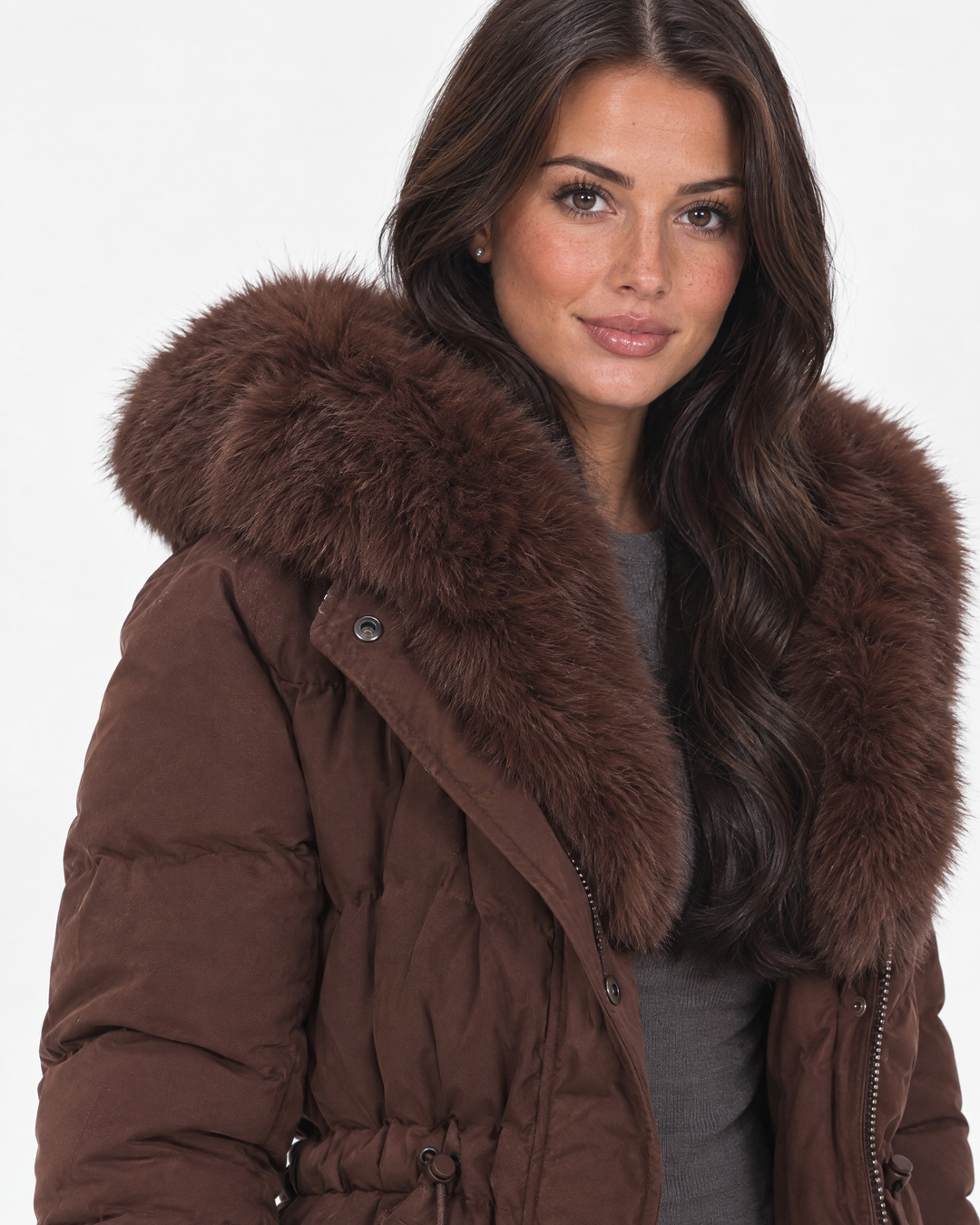 Beatrice | Premium Faux Fur Hooded Winter Coat – Brown – feature