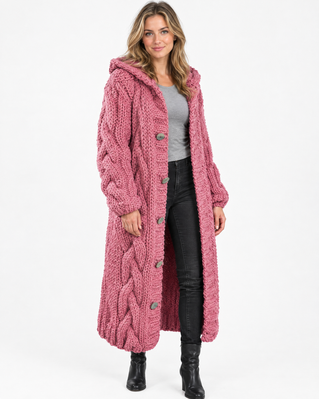 Edith | Classic Womens Jumper Cable Knit Longline – Pink – hero