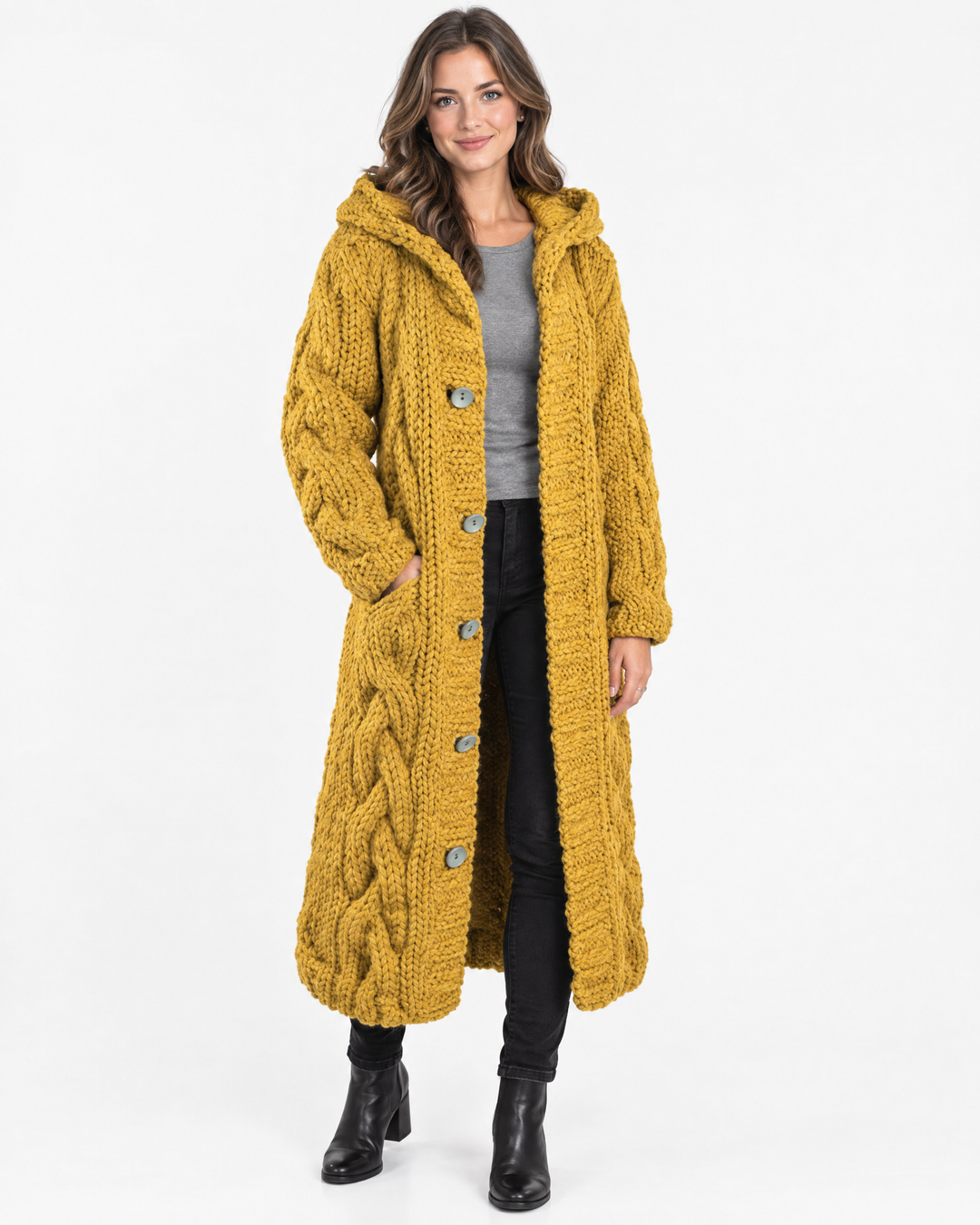 Edith | Classic Womens Jumper Cable Knit Longline – Yellow – hero