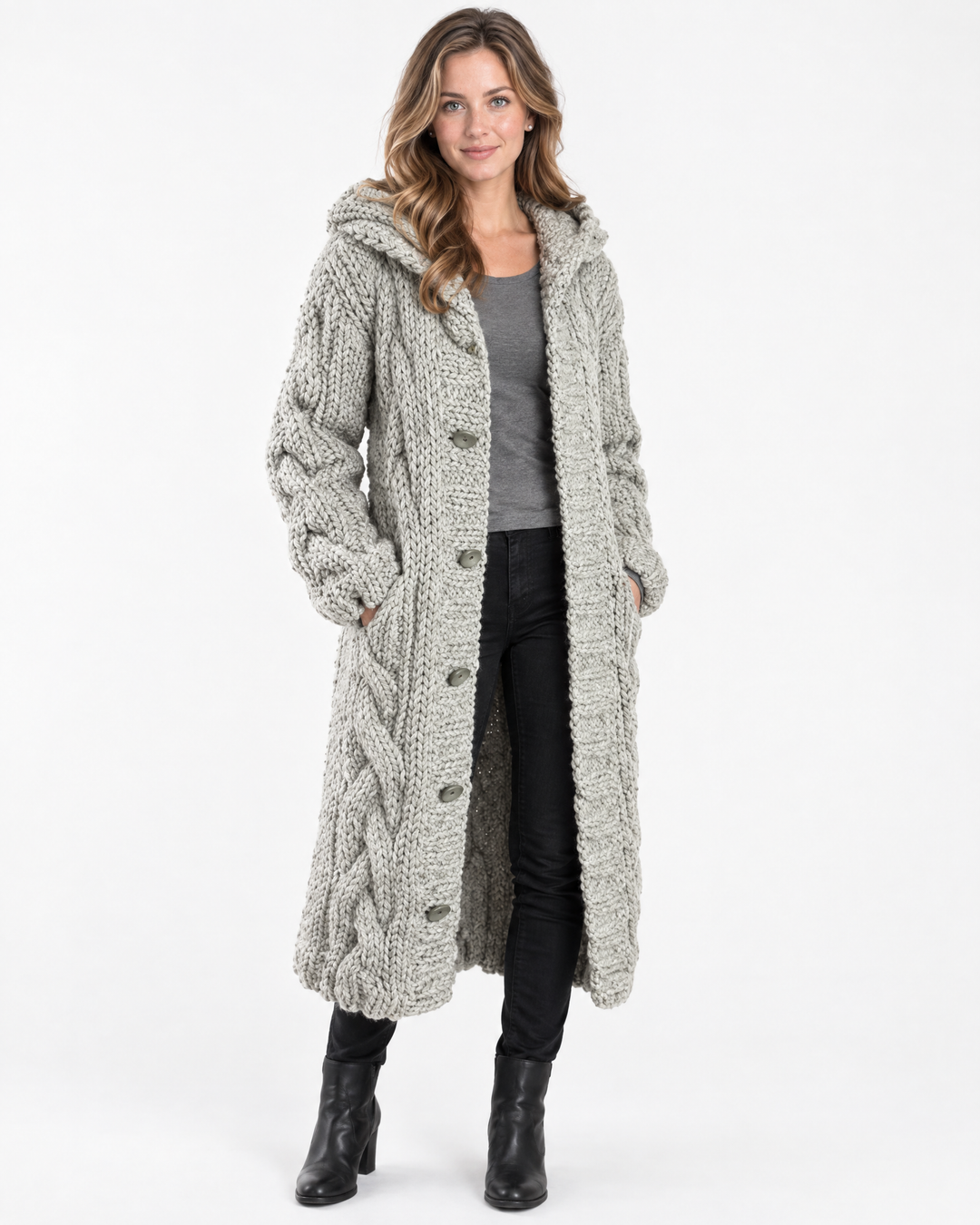 Edith | Classic Womens Jumper Cable Knit Longline – Gray – hero