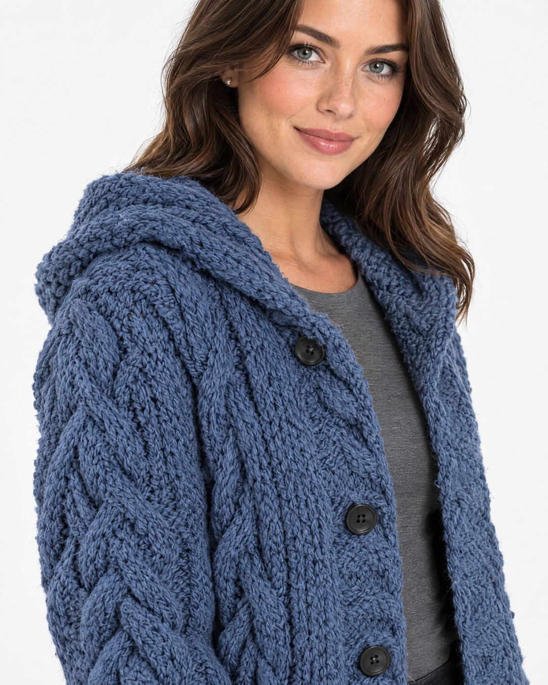 Edith | Classic Womens Jumper Cable Knit Longline – Blue – feature