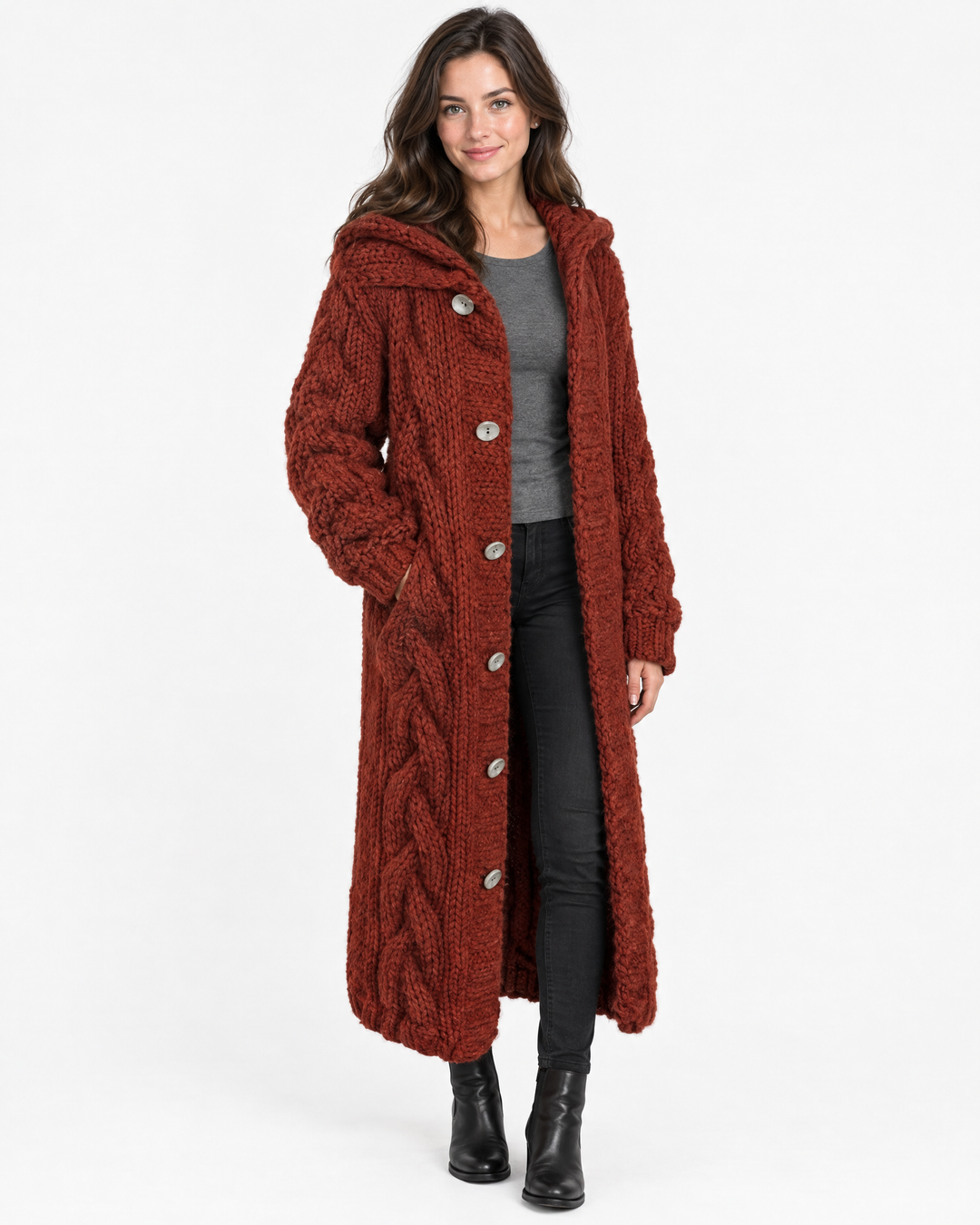 Edith | Classic Womens Jumper Cable Knit Longline – Red – hero
