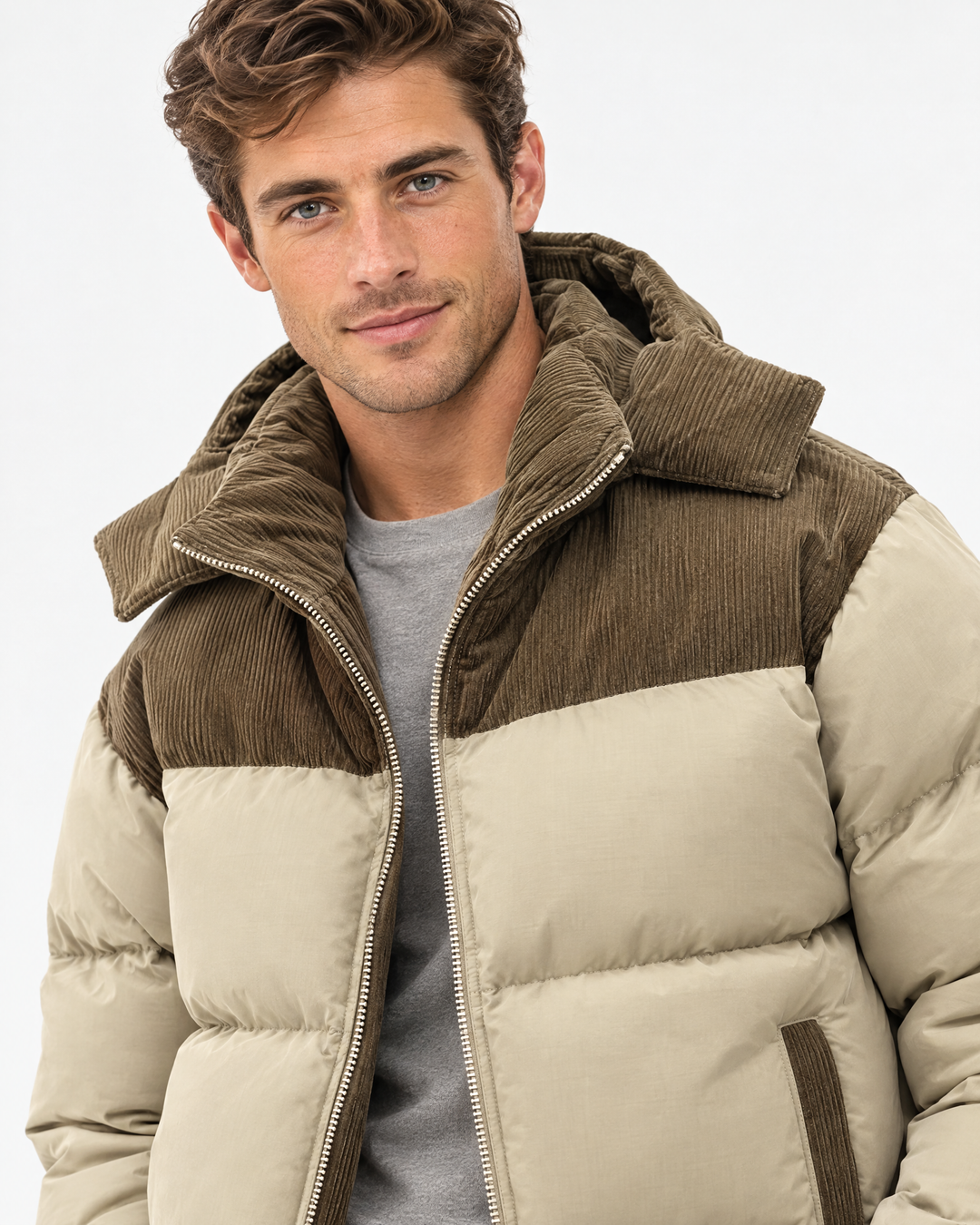 Ashby | Bold Hooded Corduroy Puffer Jacket – Khaki – feature