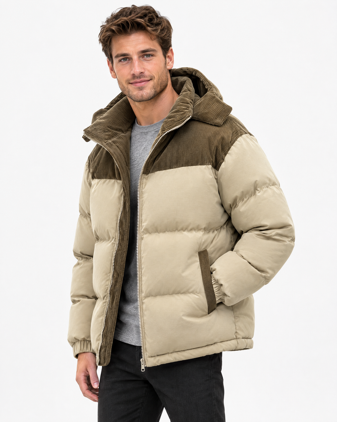 Ashby | Bold Hooded Corduroy Puffer Jacket – Khaki – angle