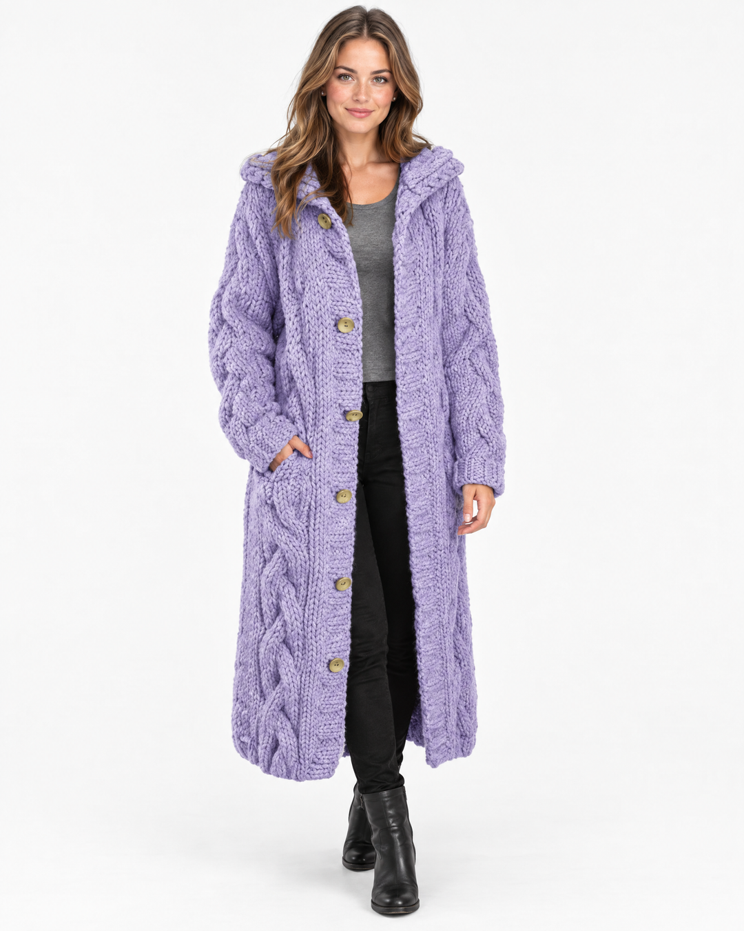 Edith | Classic Womens Jumper Cable Knit Longline – Lilac – hero
