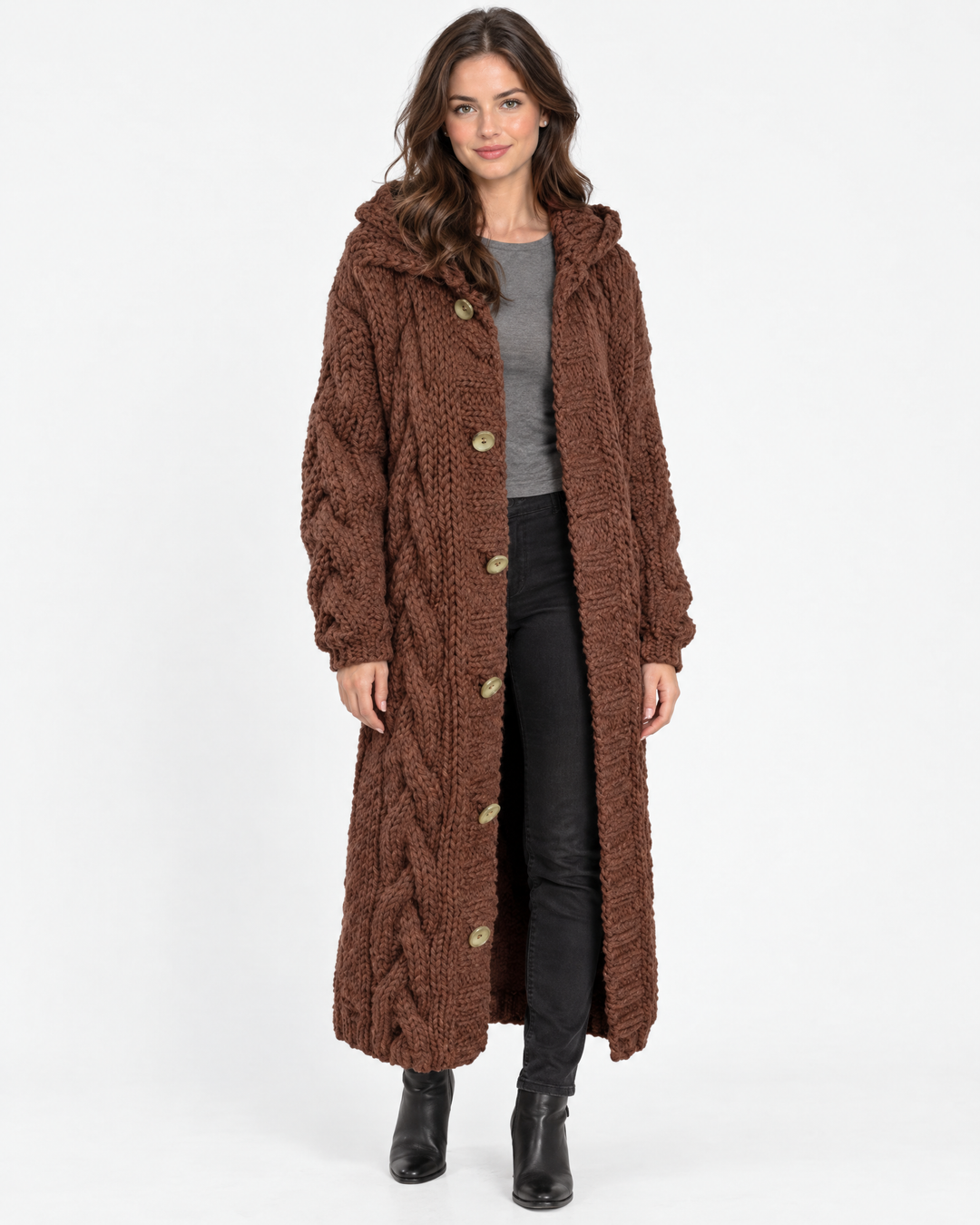 Edith | Classic Womens Jumper Cable Knit Longline – Brown – hero