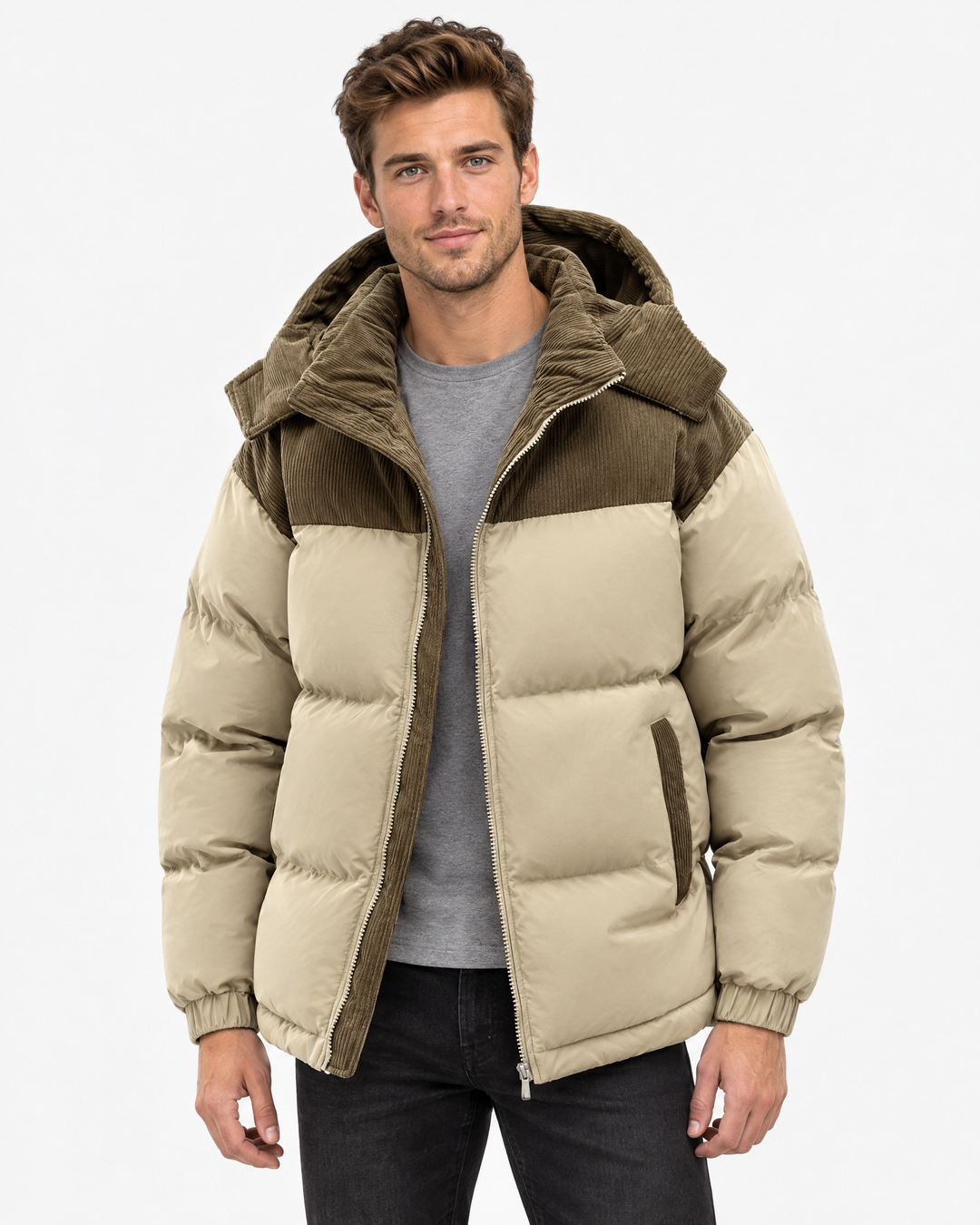 Ashby | Bold Hooded Corduroy Puffer Jacket – Khaki – hero