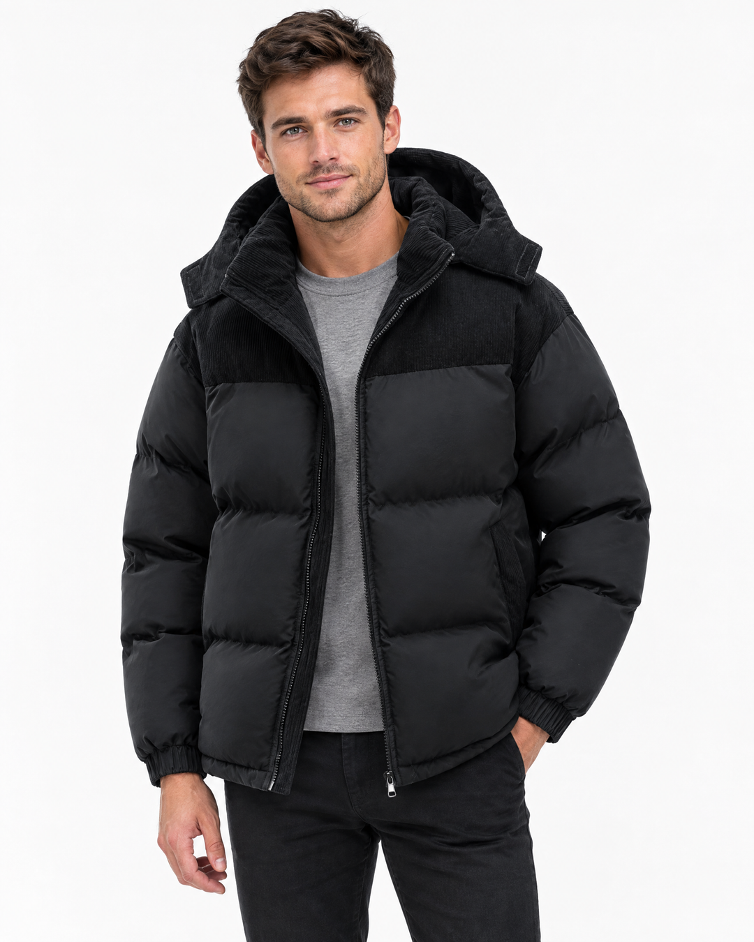Ashby | Bold Hooded Corduroy Puffer Jacket – Black – hero