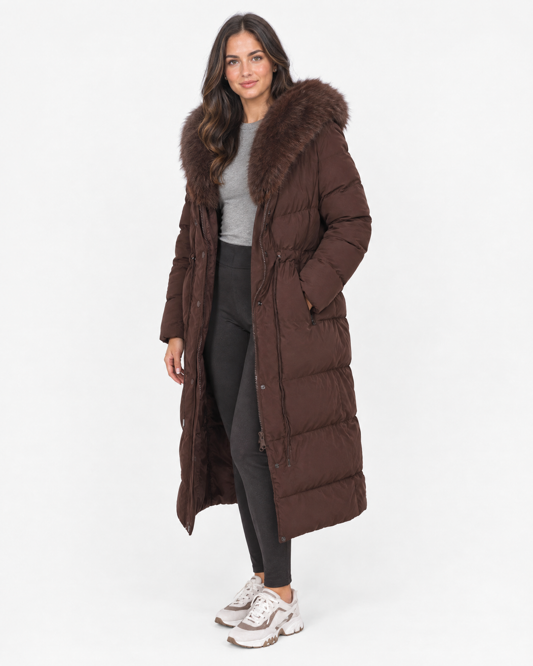 Beatrice | Premium Faux Fur Hooded Winter Coat – Brown – angle