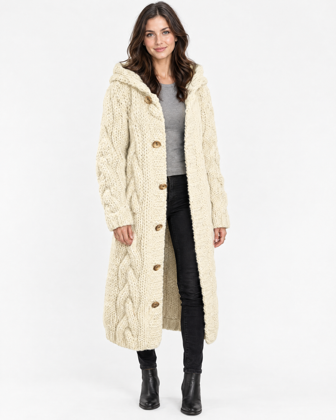 Edith | Classic Womens Jumper Cable Knit Longline – Beige – hero