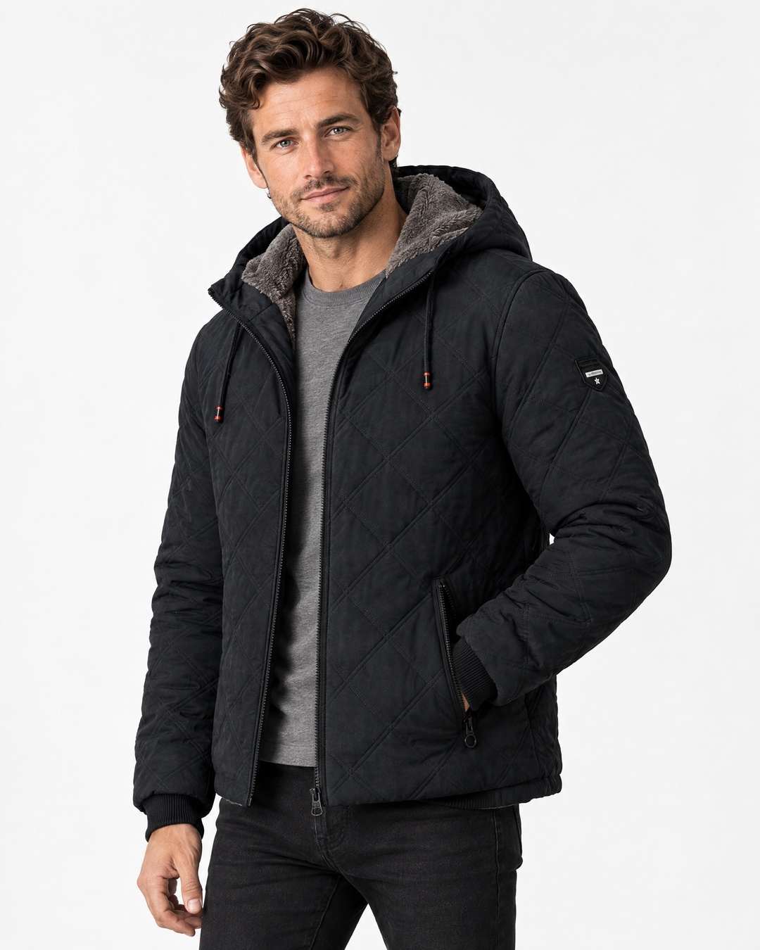 Garrett | Warm Hooded Quilted Puffer Jacket – Black – angle