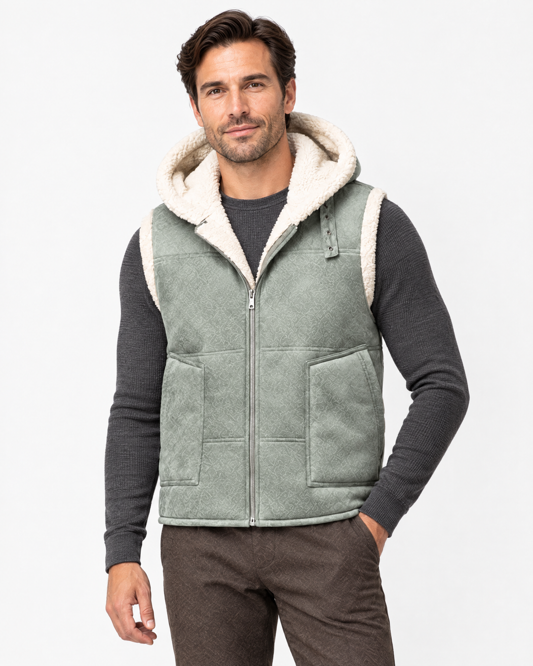 Garrett | Rugged Hooded Faux Fur Gilet – Green – hero
