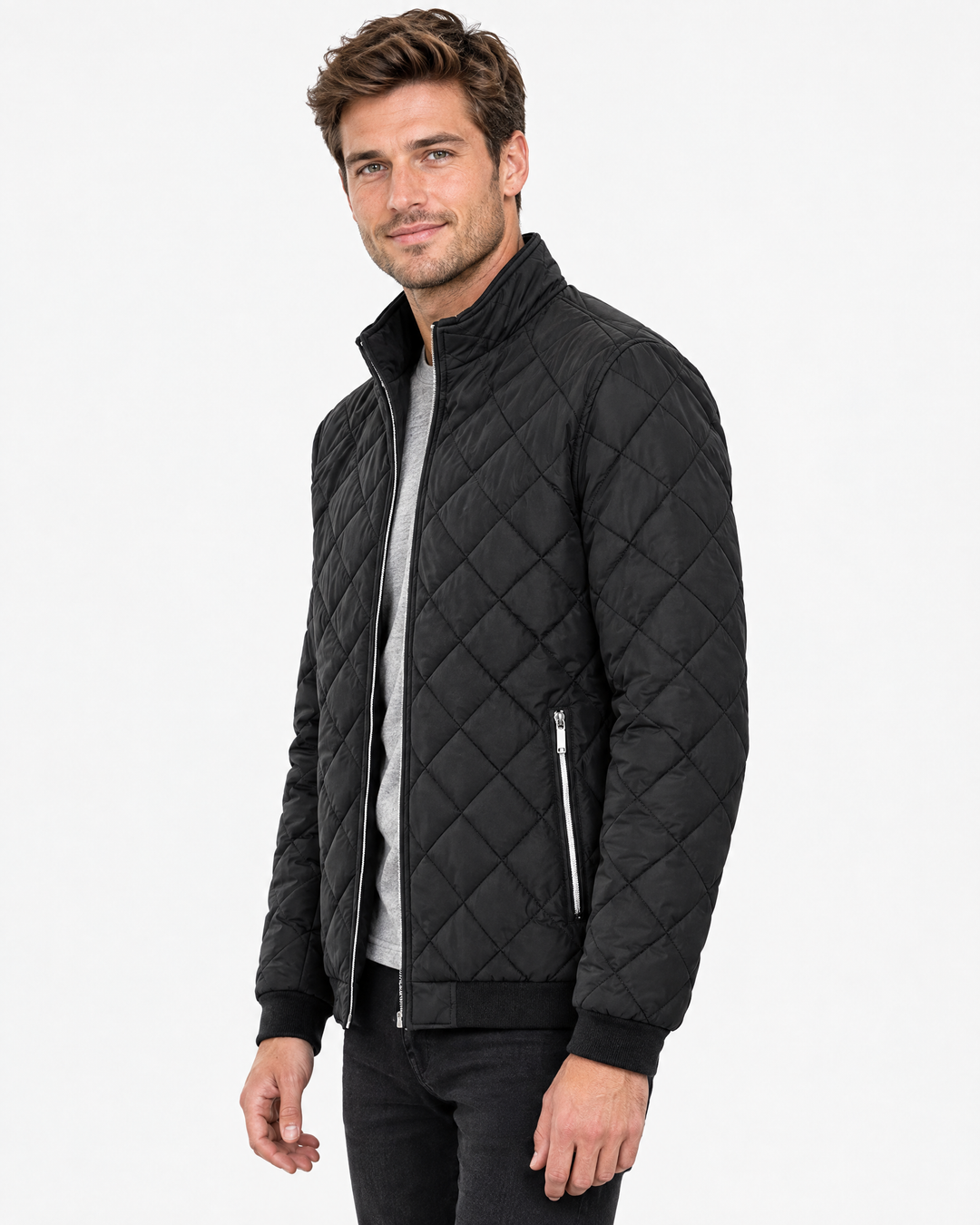 Barnaby | Sleek Quilted Stand Collar Puffer Jacket – Black – angle