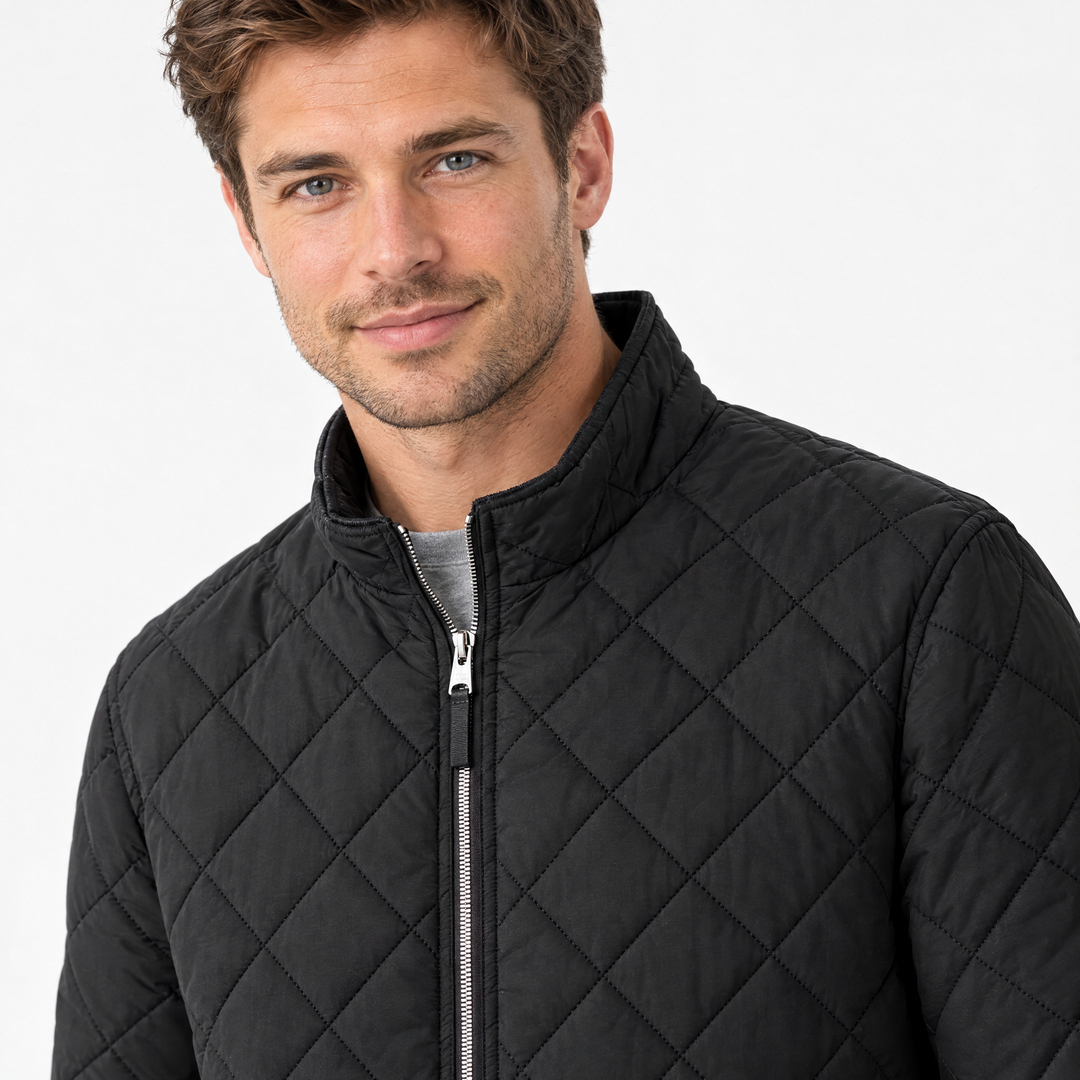 Barnaby | Sleek Quilted Stand Collar Puffer Jacket – Black – feature