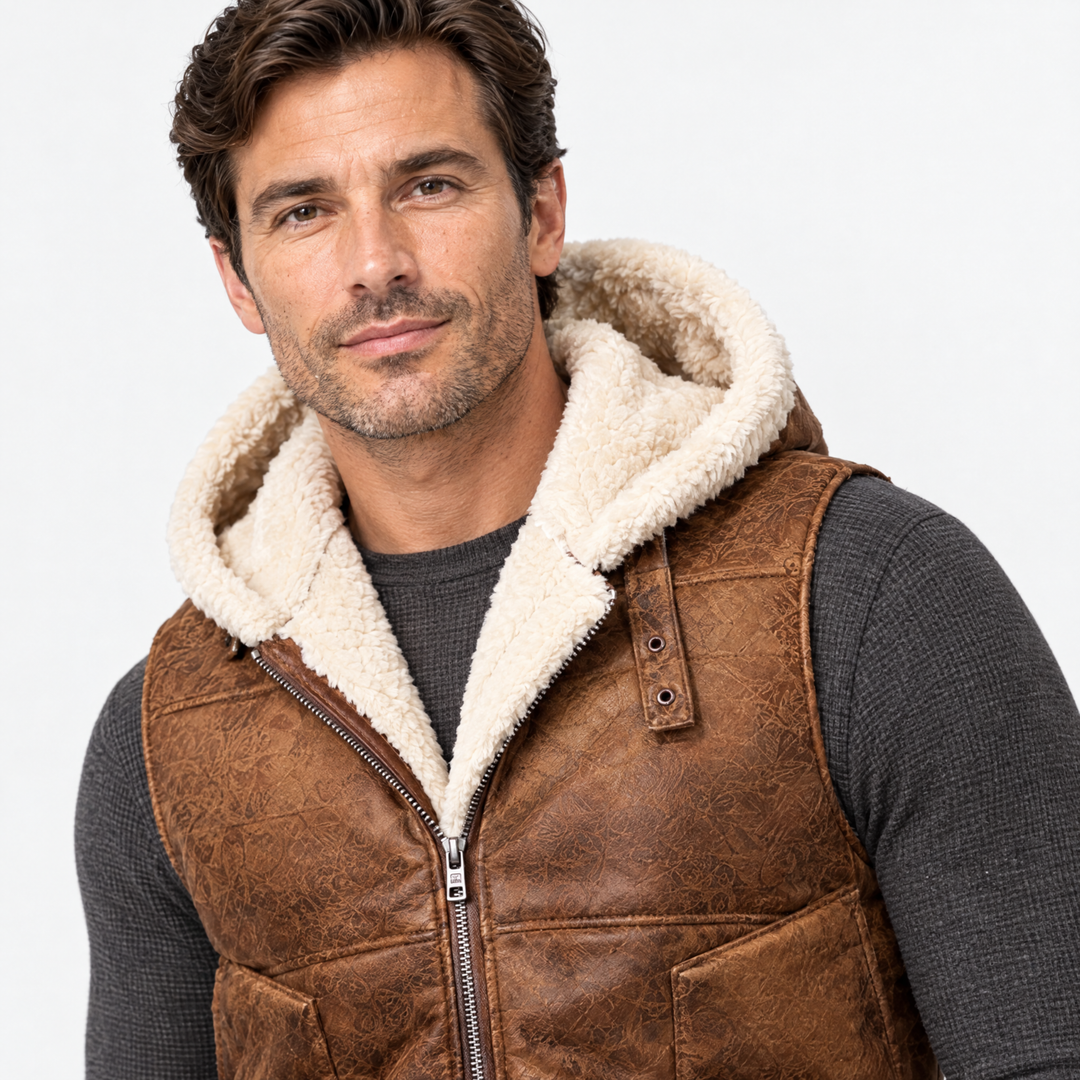 Garrett | Rugged Hooded Faux Fur Gilet – Camel – feature