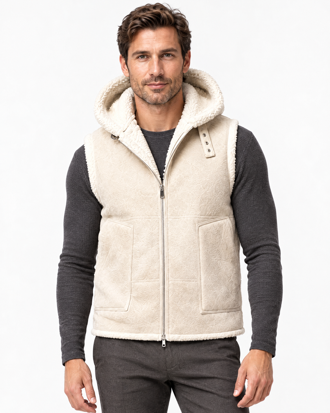 Garrett | Rugged Hooded Faux Fur Gilet – Off-White – hero