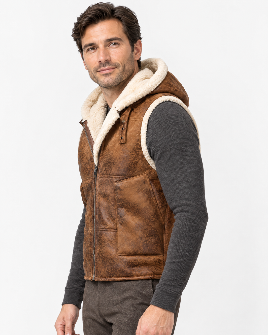 Garrett | Rugged Hooded Faux Fur Gilet – Camel – angle